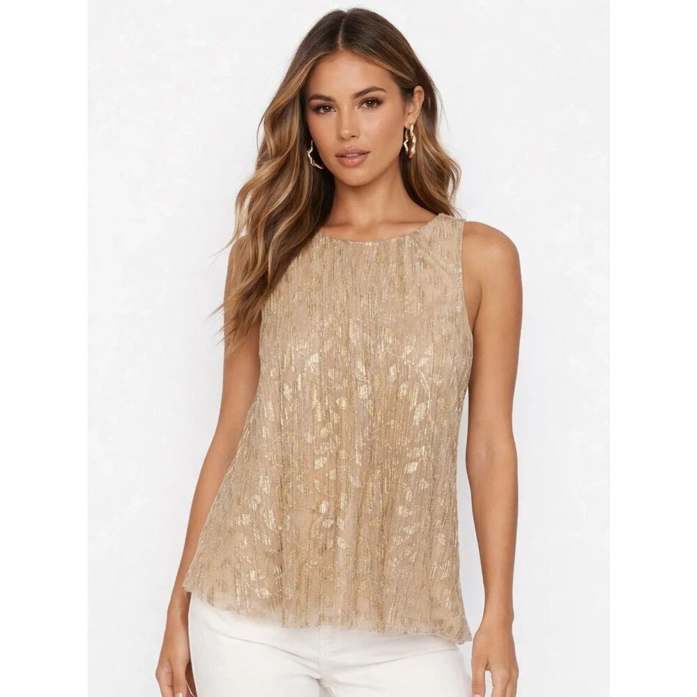 Vince Camuto Gold Metallic Pleated Sleeveless Blouse Shell Top Size S NWT